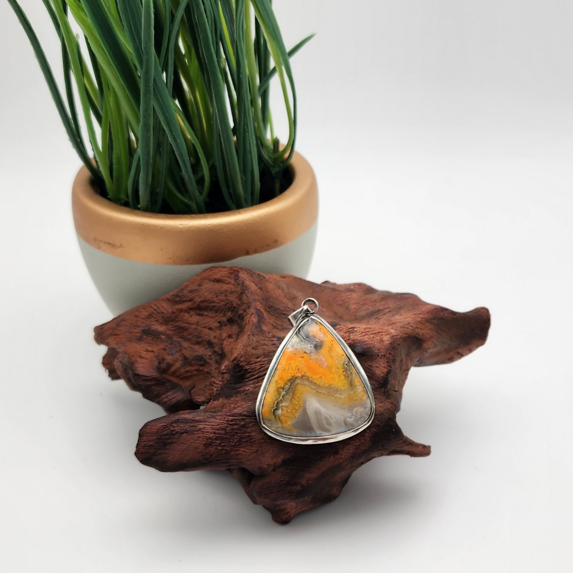 single bumblebee jasper option A displayed on a piece of aged wood staged and arranged in a moody Bloom and Glow aesthetic scene.