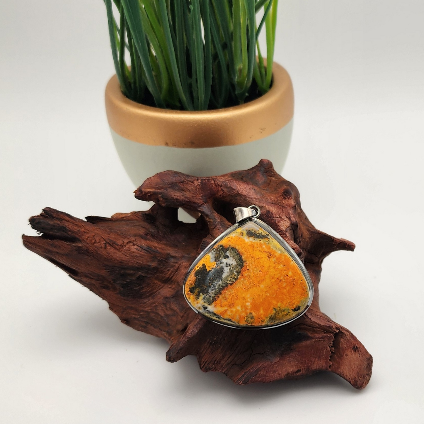 single bumblebee jasper option B displayed on a piece of aged wood staged and arranged in a moody Bloom and Glow aesthetic scene.