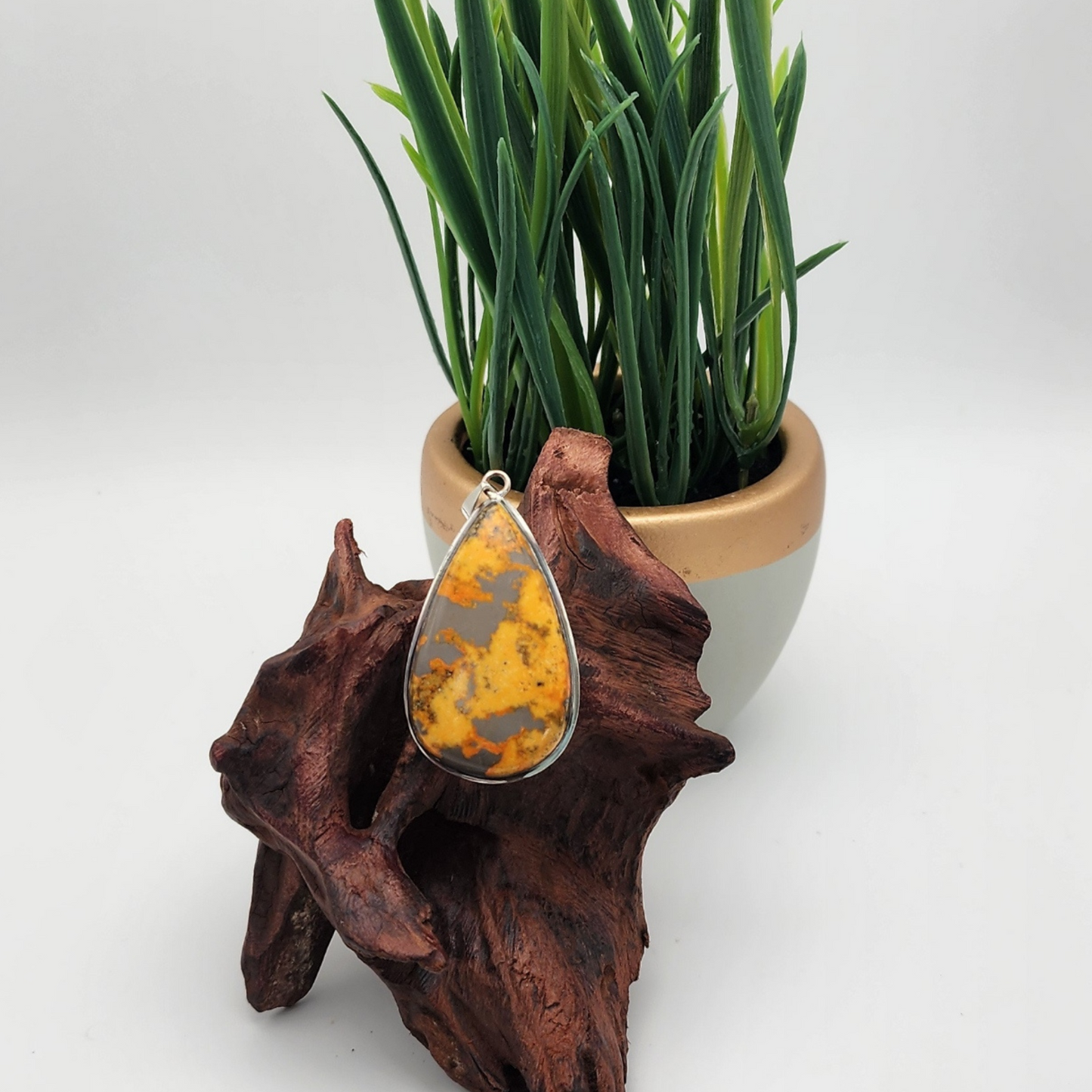 single bumblebee jasper option C displayed on a piece of aged wood staged and arranged in a moody Bloom and Glow aesthetic scene.
