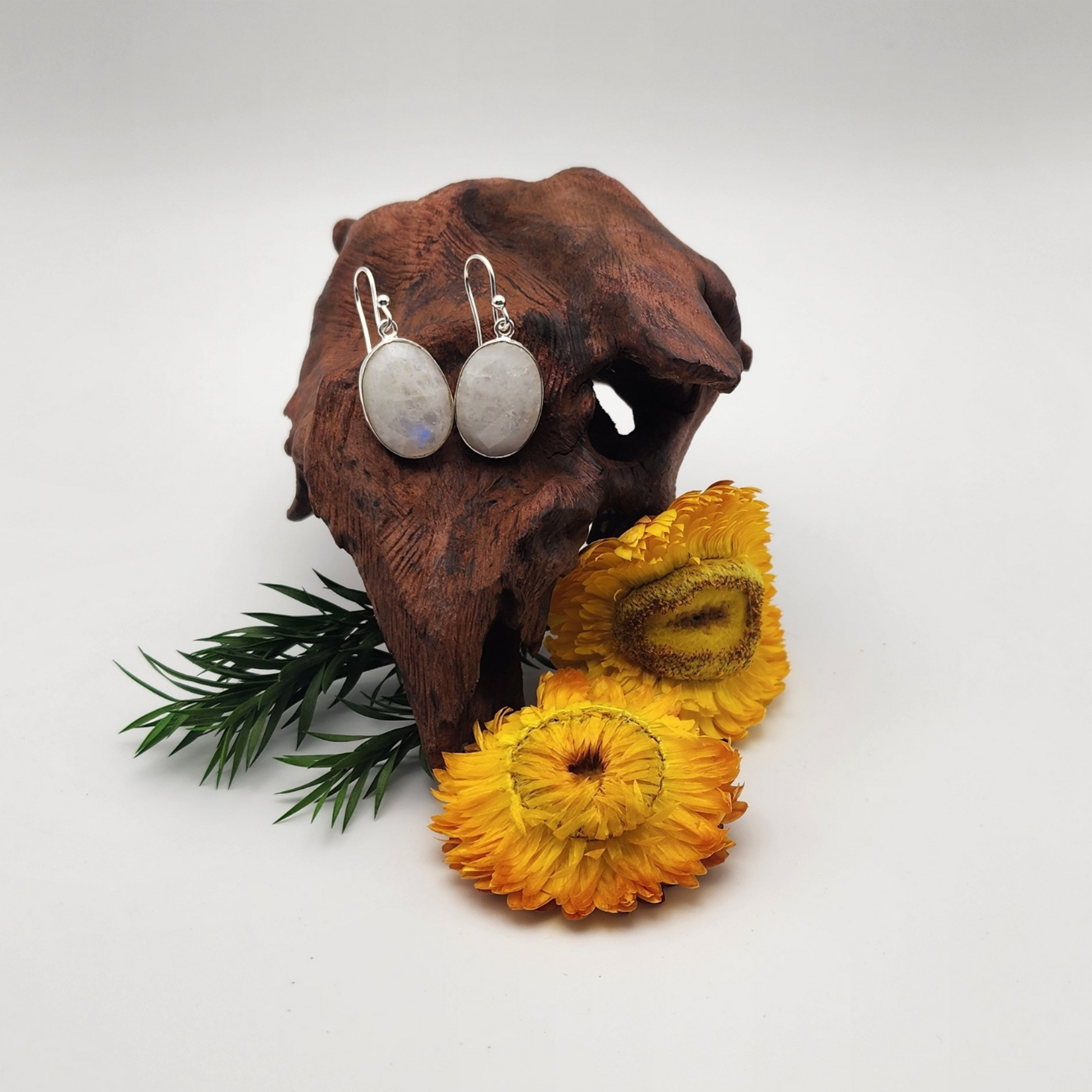 Pair of faceted moonstone earrings staged on an aged pieced of wood staged and arranged in a moody Bloom and Glow aesthetic scene.
